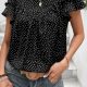 Black Dotted Ruffle Sleeve Crew Neck Ruched Blouse