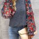 Blue Ruffle Tiered Floral Sleeve Crew Neck Blouse