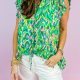 Green Abstract Print Ruffled Trim Tied Split Neck Tank Top
