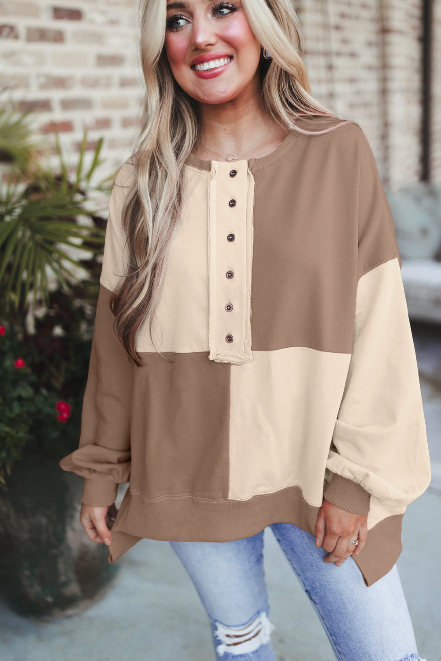 parchment colorblock henley high low oversize sweatshirt